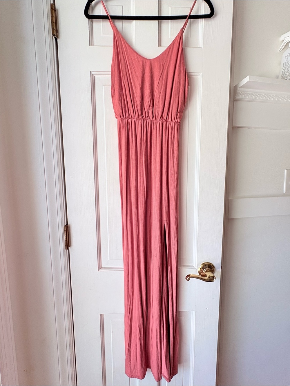 Lulus XS Rusty Rose Spaghetti Strap Maxi Dress with Elastic Waist & Slit
